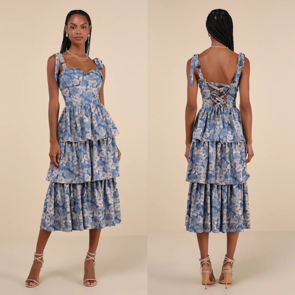 Lulus Lovely Bliss Blue Floral Jacquard Strapless Bustier Midi Dress S Wedding